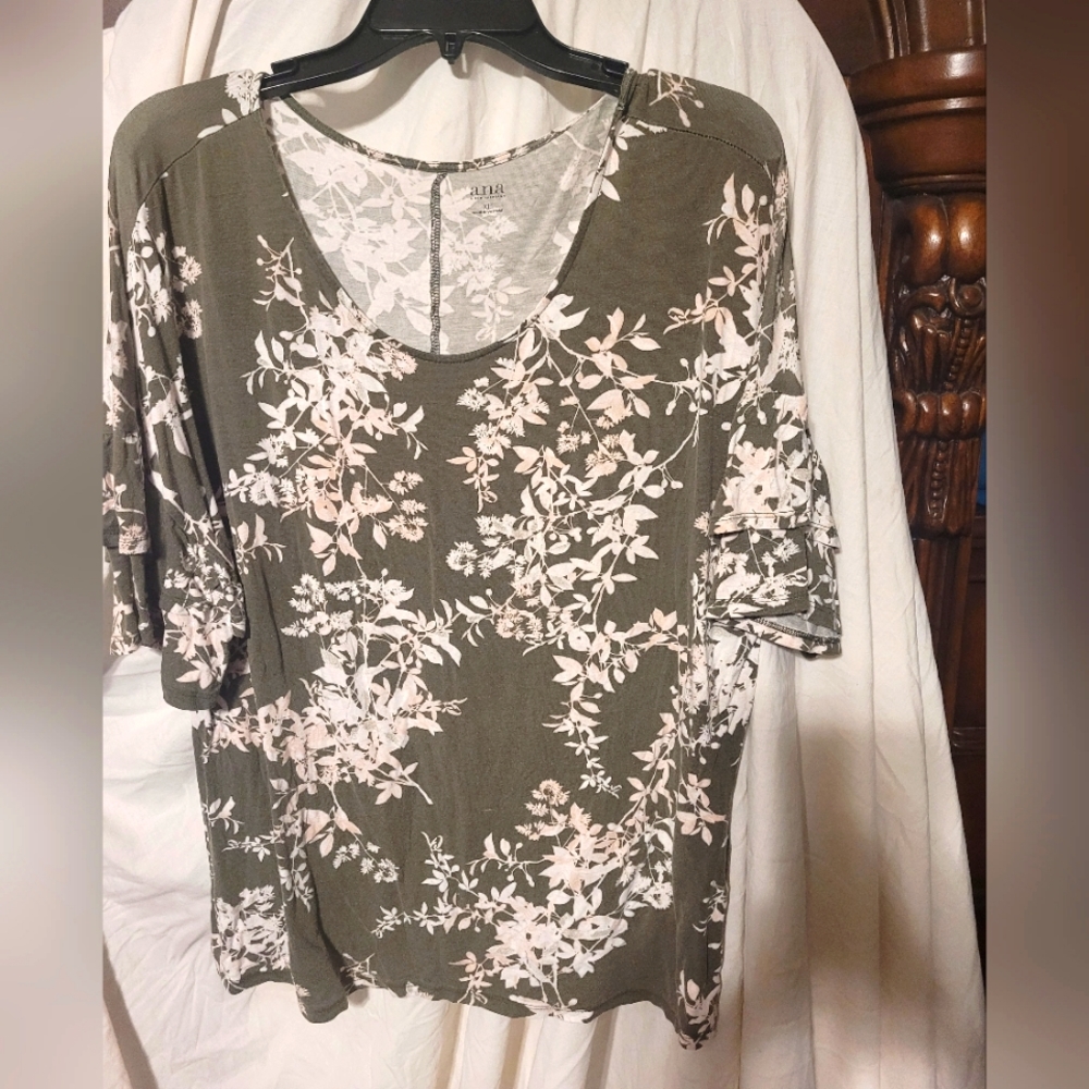 Olive Green Top with Light Pink and White Flowers